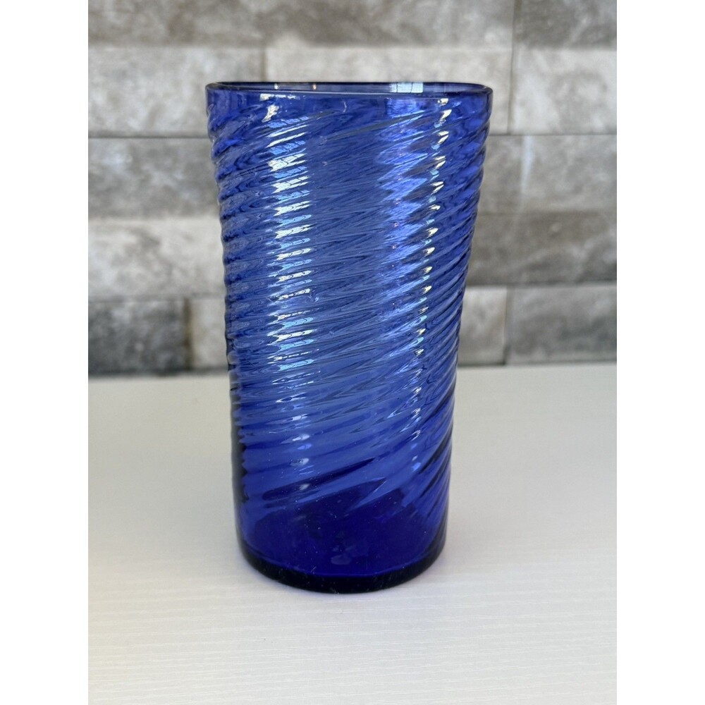 Cobalt Blue Handblown Recycled Glass Mexican Swirl Tumbler 5”